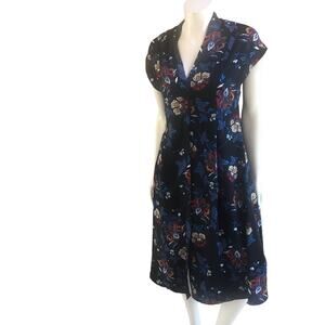 H&M Floral Blue Black V-Neck Button Down Midi Dress Women's Size 4
